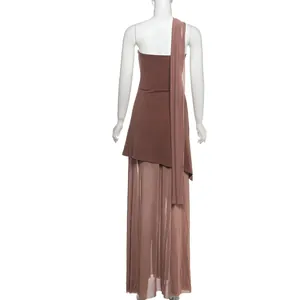 Back view of elegant brown mesh patchwork tube dress featuring a long matching neck scarf