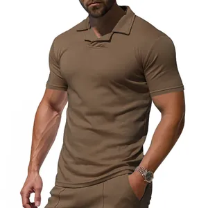 Detail of men's brown short sleeve Polo shirt with stylish Burke collar design