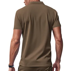 Back view of a men's khaki quick-dry polo shirt with a classic athletic fit design