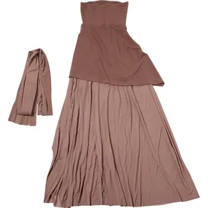 Detailed view of the brown strapless tube dress with matching scarf two-piece set