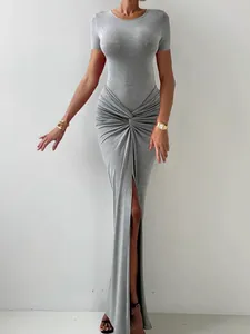 Women Sexy Two Piece Set Round Neck Short Sleeve Bodysuit And High Slit Twist Ruched Maxi Skirt Grey Clubwear Outfits