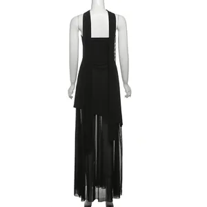 Rear view of sexy slim black bandeau dress with mesh splicing and scarf collar.