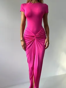 Elegant hot pink short sleeve bodysuit and draped split maxi skirt set for women