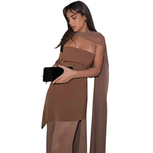 Sexy brown slim-fit strapless dress with mesh scarf neck detail for spring 2025 style