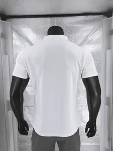 Back view of a white quick-dry breathable Polo shirt for men with a curved hemline