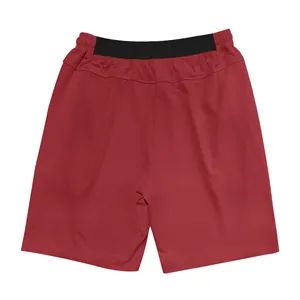 Back view of men's breathable dark red athletic shorts with black elastic waistband