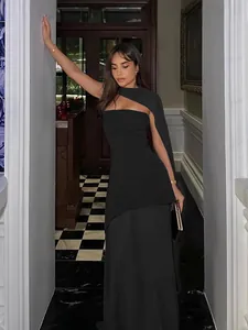 Elegant black tube top evening dress with asymmetrical scarf collar and slim fit design