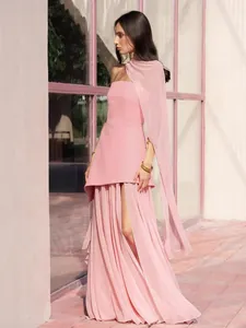 Elegant pink strapless maxi dress with matching chiffon cape scarf set for formal events