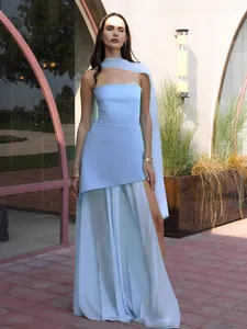 Elegant light blue tube top maxi dress with mesh stitching and scarf neck cape.