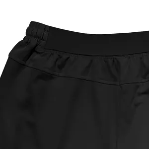 Close-up detail of the elastic waistband on breathable black athletic shorts for men