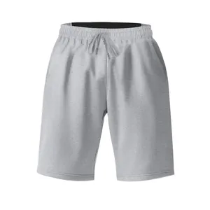 Front detail view of grey breathable men's casual drawstring shorts for jogging