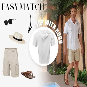 Vue détaillée de la chemise en lin à capuche blanche pour homme avec des accessoires de style