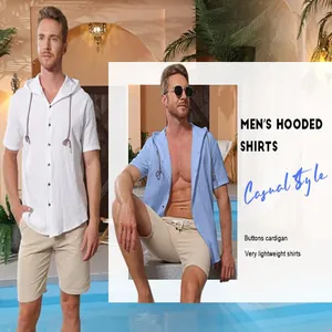 Détail de style de vie d'une chemise à capuche en lin respirant pour homme, blanc et bleu