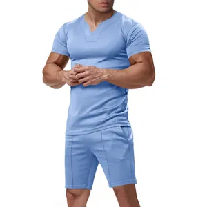 Set estivo uomo maglia jersey scollo a V maniche corte e pantaloncini azzurro chiaro