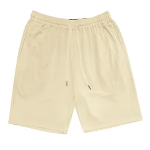 Detail view of men's beige casual shorts featuring an elastic drawstring waistband