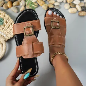 Sandali Donna Ciabatte Piatte in Pelle PU Stile Europeo Vintage Fibbia Quadrata Casual Pantofole Spiaggia Estive Taglie Comode Nero Marrone
