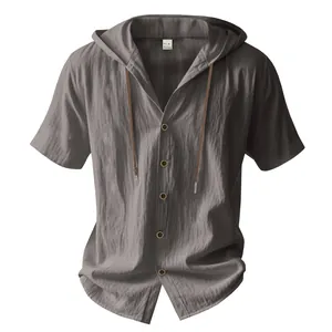 Vue détaillée d'une chemise à capuche à manches courtes en lin respirant gris foncé