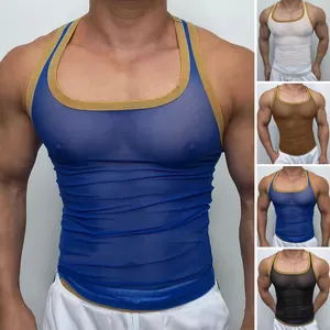 Selection of men's breathable mesh fitness tank tops in various colors for bodybuilding