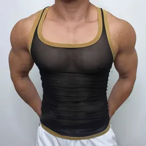 Men's Sexy Transparent Mesh Tank Top Breathable Fitness Racerback Vest Polyester Slim Fit Muscle Top For Gym Sports