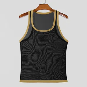 Macro detail of men's mesh sports tank top featuring racerback and elegant gold trim.