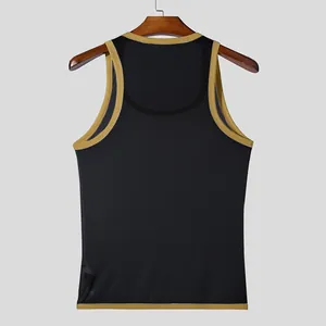 Detailed back view of men's breathable black mesh sports tank top with gold trim.