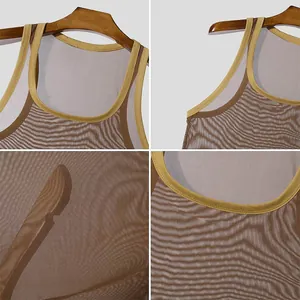 Detailed macro shots of men's breathable brown mesh fitness tank top with yellow trim