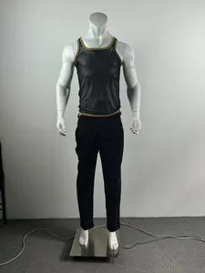 Men's breathable mesh fitness tank top with yellow trim shown on a full mannequin