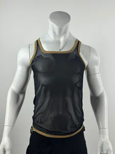 Detail view of breathable men's slim fit mesh sports tank top with stylish gold trim