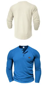 Vorder- und Rückansicht des Herren Henley-Hemds aus Waffelstrick in Blau und Cremefarbe