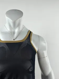 Detailed view of men's black mesh sports tank top featuring contrast gold neck trim