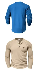 Detailansicht der langärmeligen Herren-Henley-Shirts aus Waffelstrick in Blau und Beige