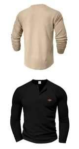 Detaillierte Vorder- und Rückansicht des Waffelstrick-Henley-Shirts für Herren mit Raglanärmeln