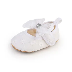Detailed macro shot of white lace baby princess walker shoes with a decorative bow