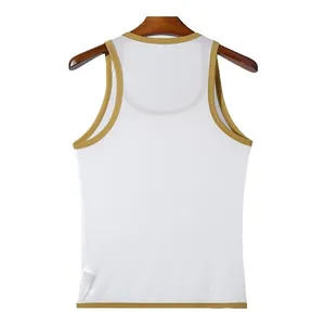White breathable men's fitness mesh tank top with yellow trim, stylish gym sports apparel