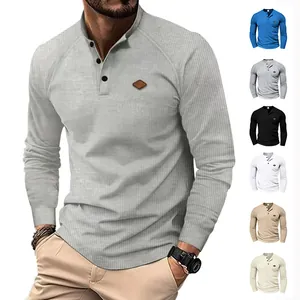 Herren Waffelstrick Henley Shirt Langarm Casual Raglanärmel Knopf Top Schnelltrocknend Einfarbiges Tee