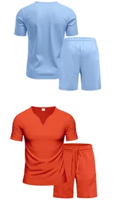 Conjunto de verano para hombre de camiseta con cuello en V y shorts en azul y rojo