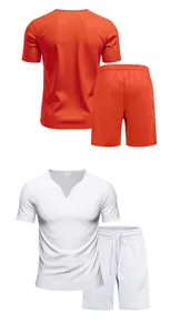 Conjunto de jersey de verano con cuello en V para hombre con pantalones cortos en blanco y naranja