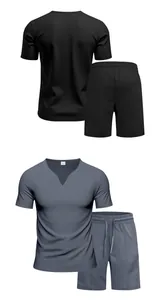 Conjunto de jersey de cuello en V y pantalón corto para hombre, negro y gris, detalle