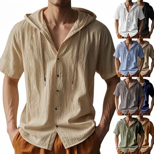 Haut à Capuche Décontracté en Mélange de Lin pour Hommes Manches Courtes Coupe Large Respirant Couleur Unie Chemise d'Été