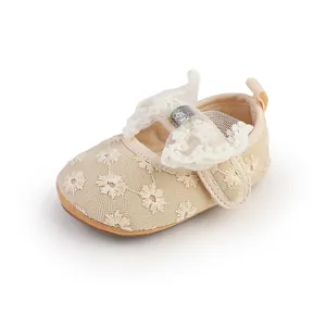 Detailed view of beige lace baby girl walking shoes with delicate floral embroidery