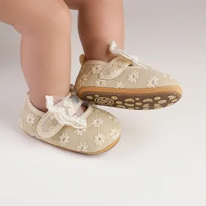 Detail of cream floral lace baby girl pre-walker shoes with anti-slip soft rubber soles