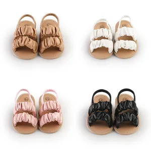 Baby Girls Summer Prewalker Sandals Soft Sole Ruched PU Leather Infant First Walker Shoes With Elastic Back Strap Non-Slip