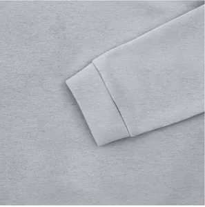 Detail view of grey sweatshirt sleeve cuff showing soft fleece texture and stitching