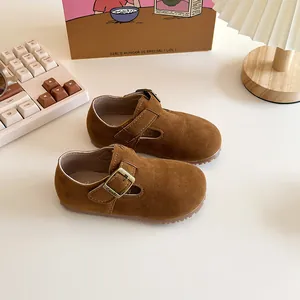 Retro brown suede children's Birkenstock-style shoes with soft soles for boys and girls