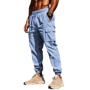 Men's light blue cargo pants with multi-pockets drawstring waist cotton linen joggers
