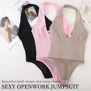 Sexy Neckholder-Body mit Durchbruchmuster für Damen in Schwarz, Rosa und Beige Tönen