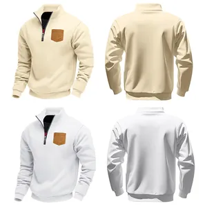 Men's casual half-zip fleece sweatshirt in cream and white colors with brown chest pocket
