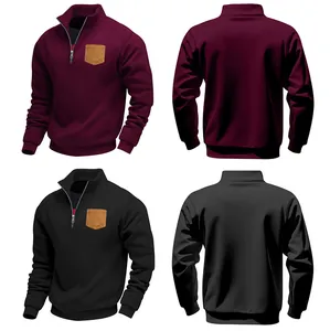 Detailed front and back views of men's half-zip fleece sweatshirt with stand collar