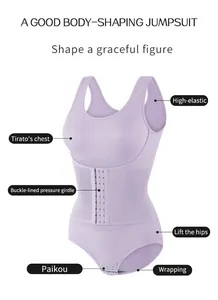 Detail view of purple body-shaping jumpsuit with adjustable buckle-lined waist girdle