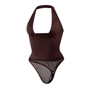Brauner Halter-Neck-Body zur Formgebung mit gerippter Bauchkontrolle und Mesh-Details
